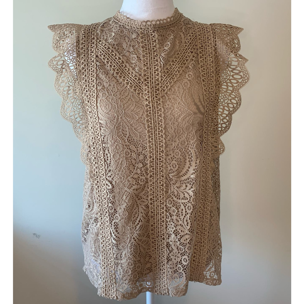 Cable & Gauge Women's Sleeveless Lace Boho Top Blouse Floral M Lined Nude Tan